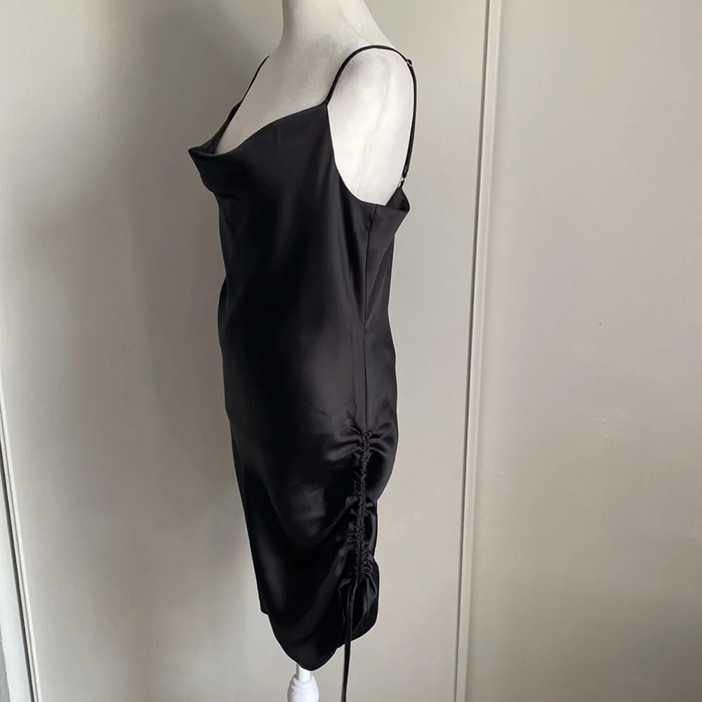 New Forever 21 Ladies Modern Little Black Satin Slip Cowl Neck Side Cinch Detail - Picture 3 of 7